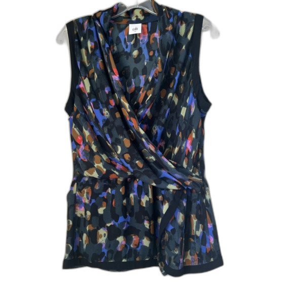 CAbi 3077 Abstract Black Multicolored Flaunt Wrap Sleeveless Blouse - Picture 1 of 12